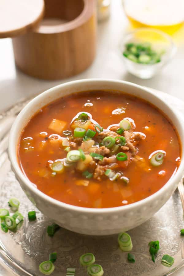 close up of a bowl containing Ground Turkey Soup with Veggie Roots 