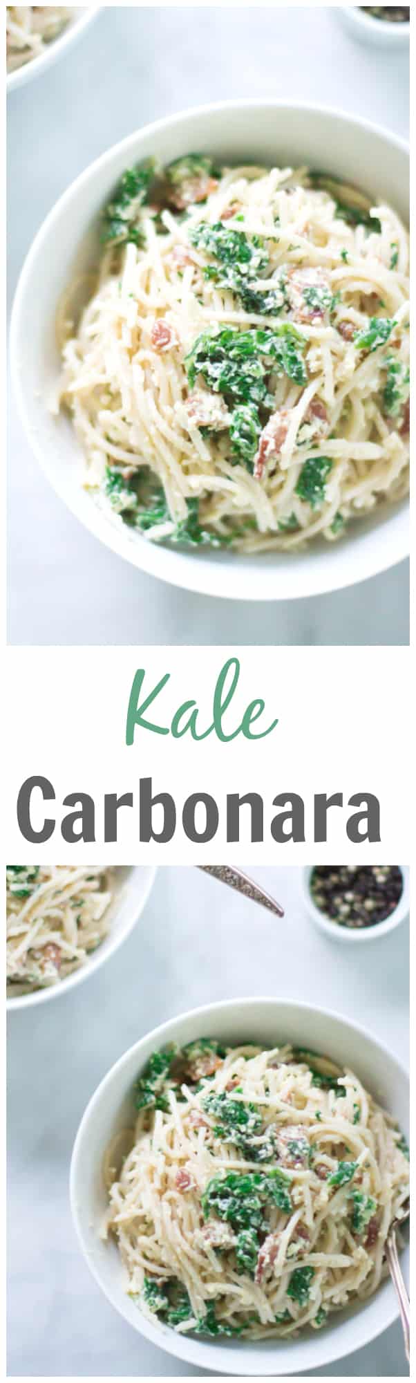 Kale Carbonara - Make this classic Italian Carbonara recipe packed with eggs, cheese, bacon and kale. This is definitely a super easy, quick and rich recipe for dinner. 