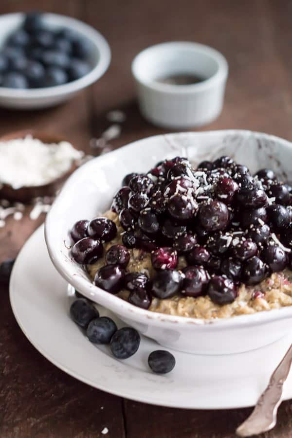 overhead view of Oatmeal in a white bowl