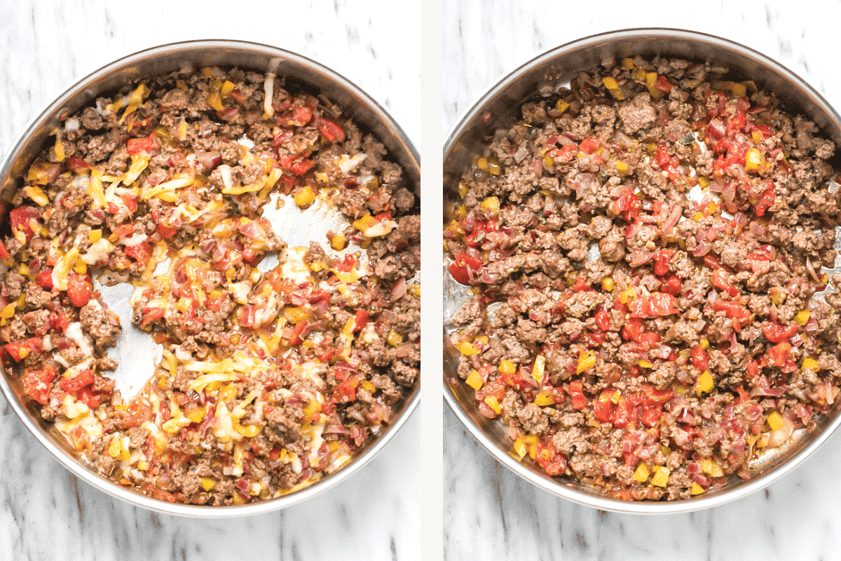 Adding diced tomato, seasonings and cheese to sautéed veggies and ground beef.