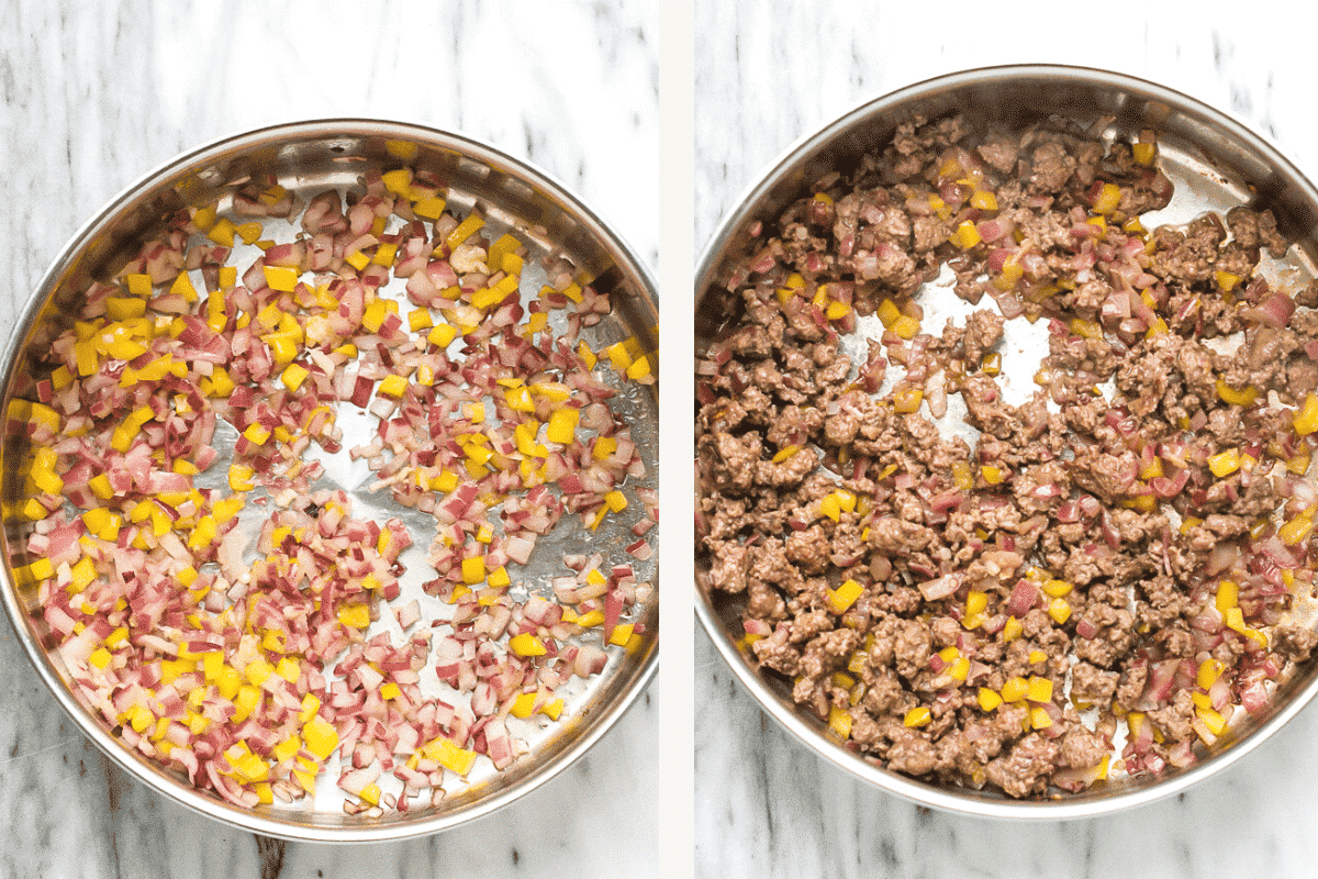 Sautéing veggies and ground beef in a large stainless steel pan.