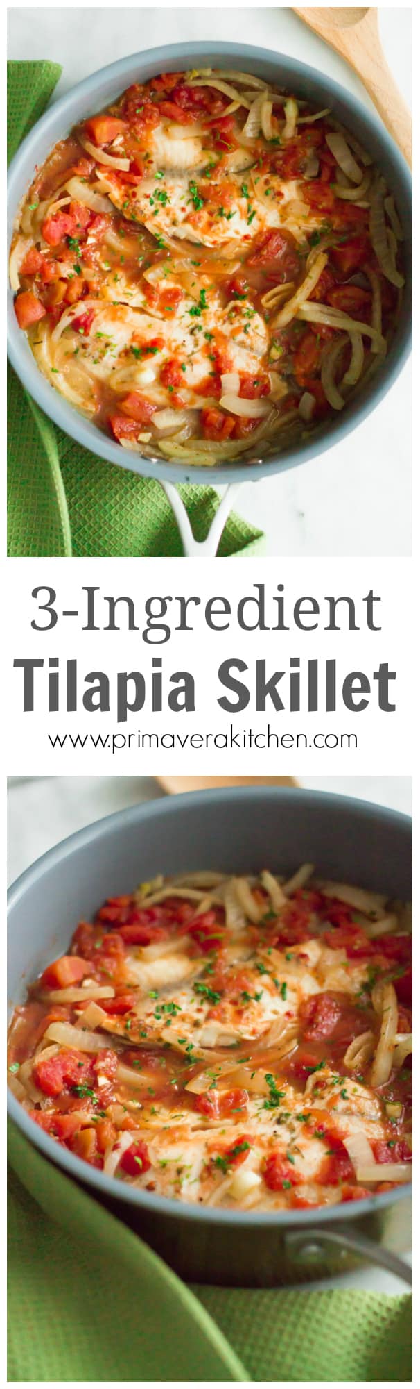 3-ingredient Tilapia Skillet - This 3-Ingredient Tilapia Skillet with diced tomatoes and onions is a quick, easy, healthy and delicious weeknight dinner. 
