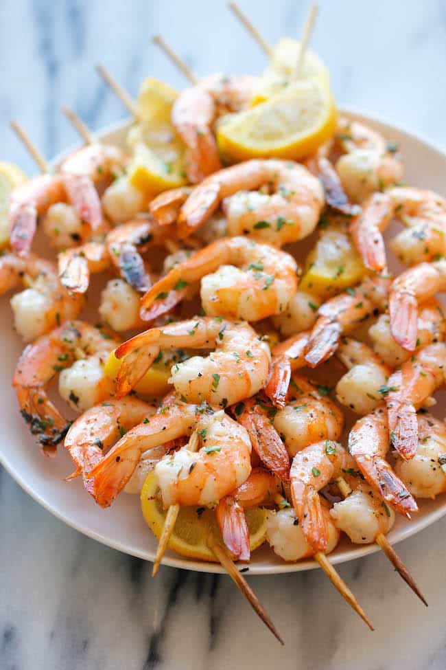 close-up of shrimp kabobs