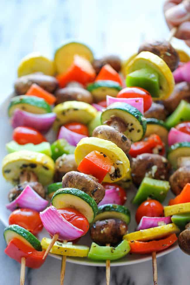 overhead view of vegetable kabobs