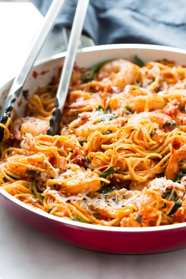 One-Pan Shrimp Spaghetti Primavera Kitchen Recipe