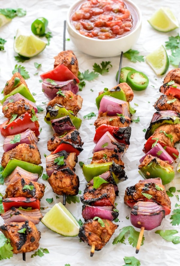 overhead view of Fajita Chicken Kebabs