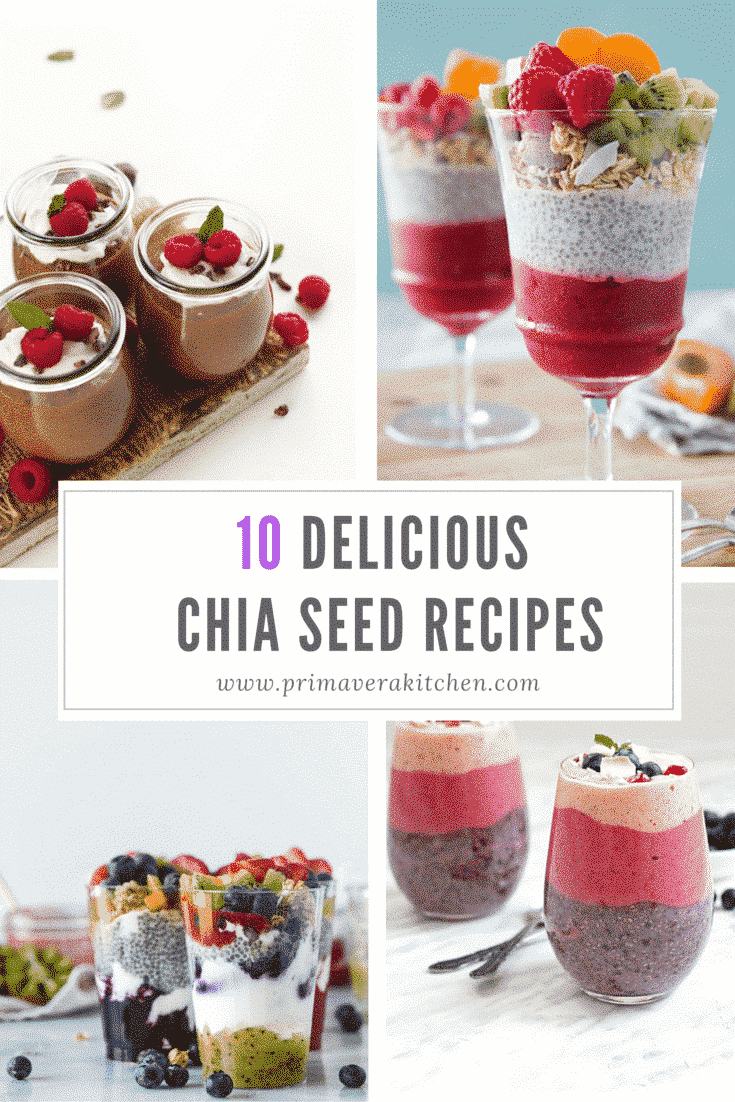 10 Delicious Chia Seed Recipes - Enjoy these 10 Delicious Chia Seed Recipes that will make you feel like you are eating a decadent dessert without feeling guilty. Actually all these recipes are really good for you because they are packed with good fats, fiber and calcium. A collage of four chia seed recipe photos with the title 10 Delicious Chia Seed Recipes overlayed.