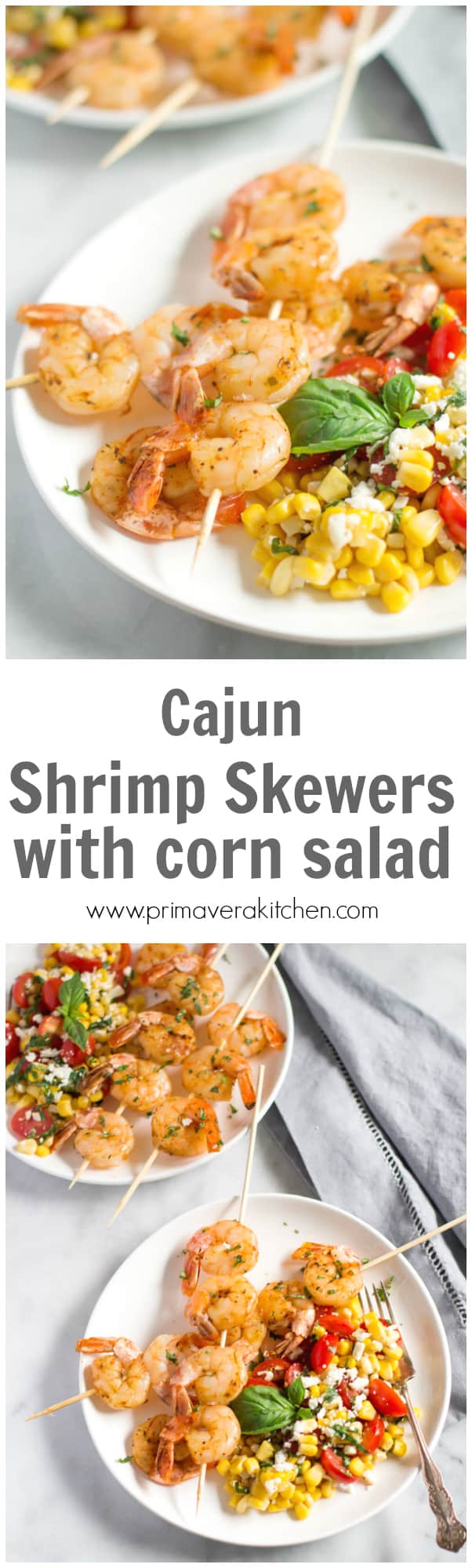 Cajun Shrimp Skewers with Corn Salad - This Cajun Shrimp Skewers with Corn Salad is an easy and practical summertime BBQ dish for lunch or dinner. This is a gluten-free dish, which takes only 15 minutes to be ready. 