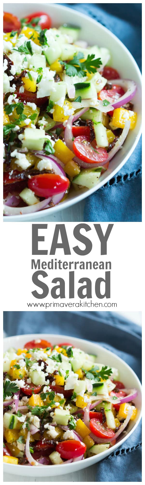 Easy Mediterranean Salad - Enjoy this delicious and Easy Mediterranean Salad made with cherry tomatoes, cucumber, bell pepper and red onions. It is a great option for summer lunch. 