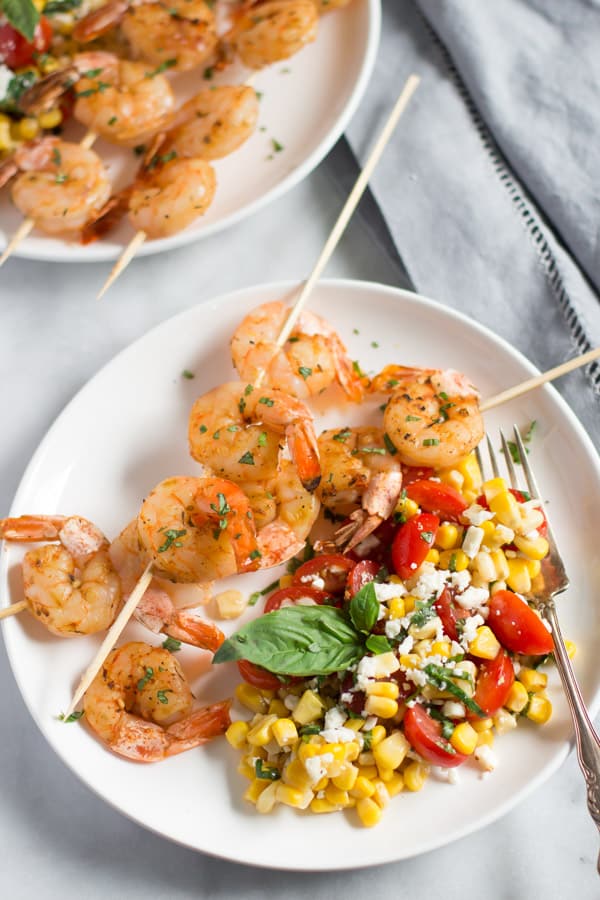 Shrimp Skewers with Corn Salad