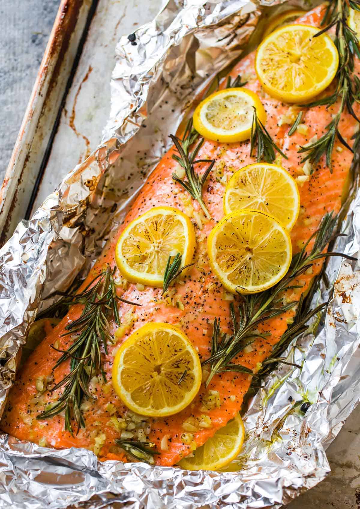 salmon with lemon and rosemary in foil
