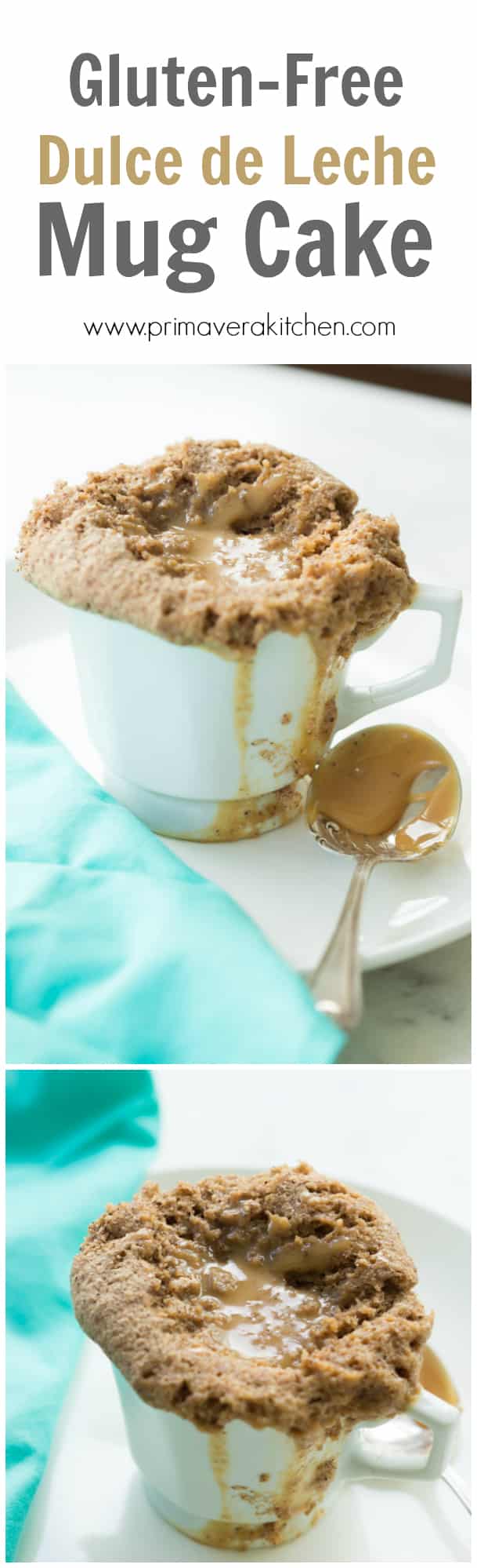 Gluten-free Dulce de Leche Mug Cake - This gluten-free Dulce de Leche Mug Cake is very moist, flavourful and takes only 3 minutes in the microwave to be ready. Don't have dulce de leche? Just use peanut butter instead and make it a vegan cake too. 