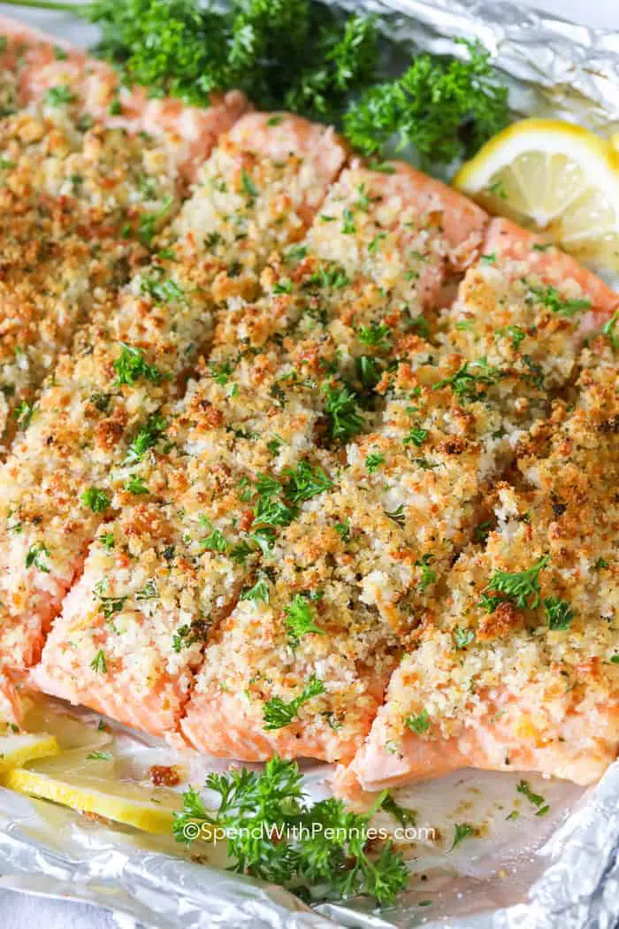 overhead view of salmon fillet in a baking sheet