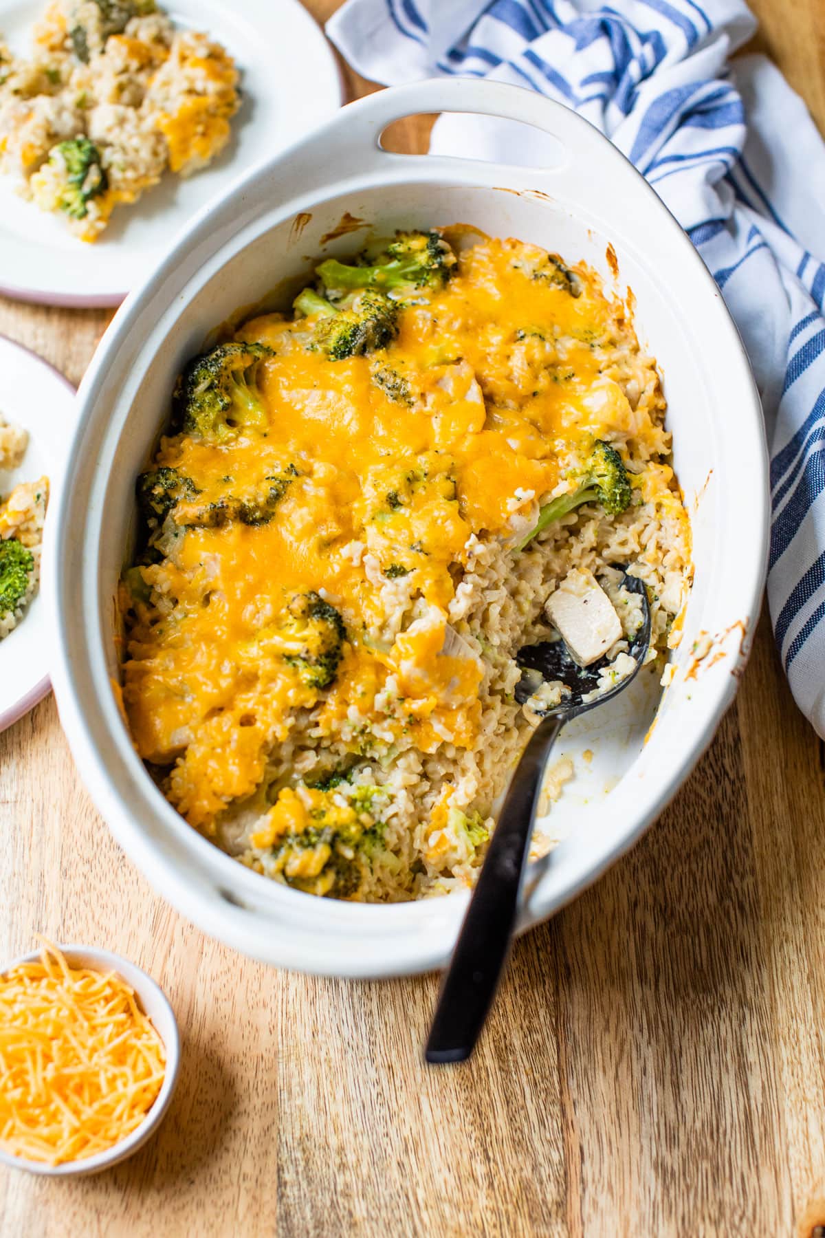 overhead view of healthy Chicken Broccoli Rice Casserole recipe.
