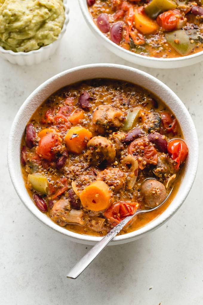 Slow Cooker Vegetarian Chili with Quinoa and Avocado