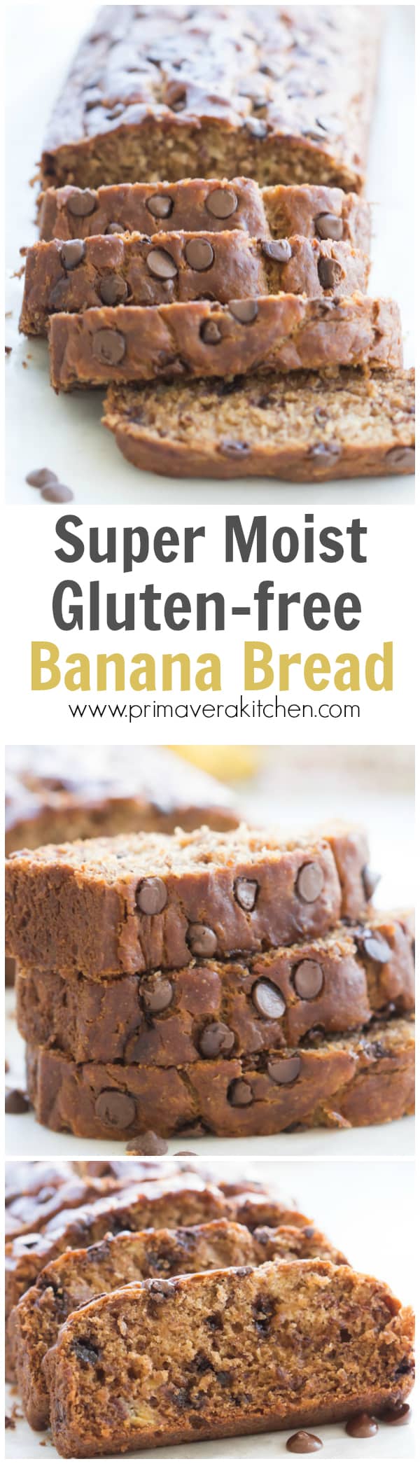 Super Moist Gluten-free Chocolate Chip Banana Bread - This Super Moist Gluten-free Banana Bread is load with overripe bananas, Greek yogurt and coconut oil. It's moist, fluffy, light and super flavourful. 