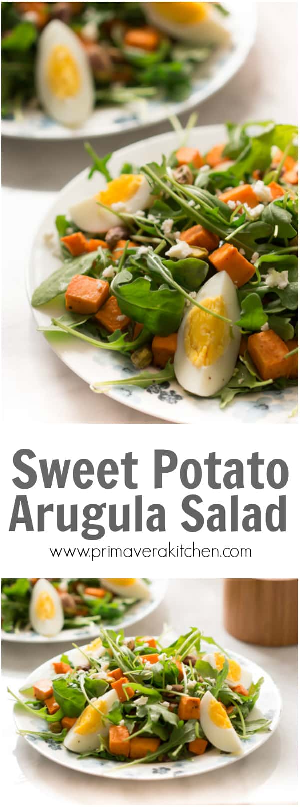 sweet-potato-arugula-salad - This Sweet Potato Arugula Salad is packed with pistachios, sweet potato, feta cheese and a delicious honey Dijon vinaigrette that pairs deliciously with arugula.