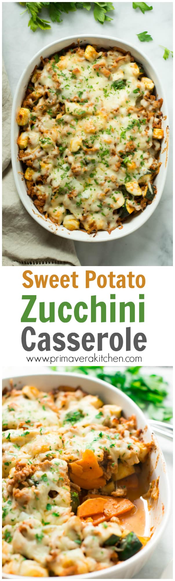 sweet-potato-zucchini-casserole - This Sweet Potato Zucchini Casserole recipe is incredible flavourful, gluten-free, easy to make and it'll be on your table in less than 30 minutes. It's also an one-pan meal loaded with protein, vitamins and nutrients.