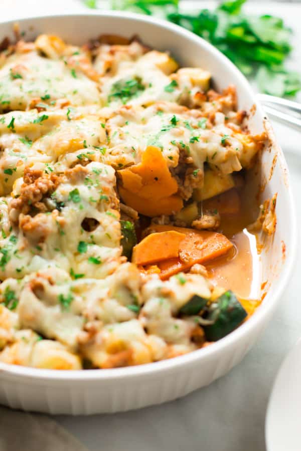 Close up of a sweet potato zucchini casserole.