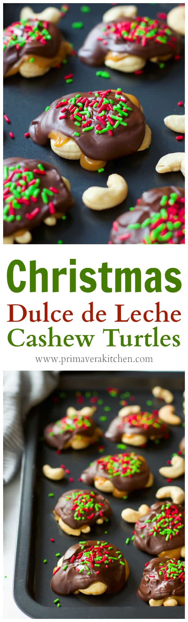 christmas-dulce-de-leche-cashew-turtles- These Christmas Dulce de Leche Cashew Turtles are seriously ultra-easy to make and just require 4-ingredient. The only thing you need to do is to pile some roasted cashews, cover with Dulce de Leche, top with dark chocolate and Christmas sprinkles. 