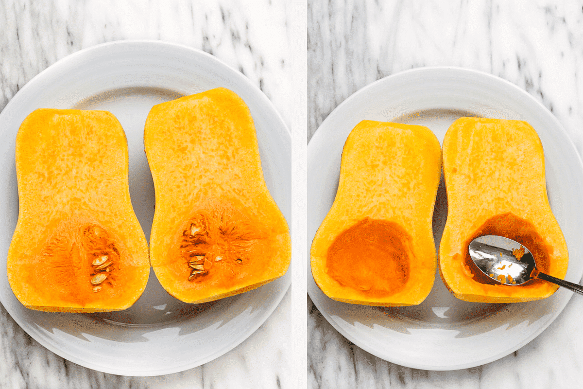 Left: halved butternut squash. Right: scooping seeds out of squash. 