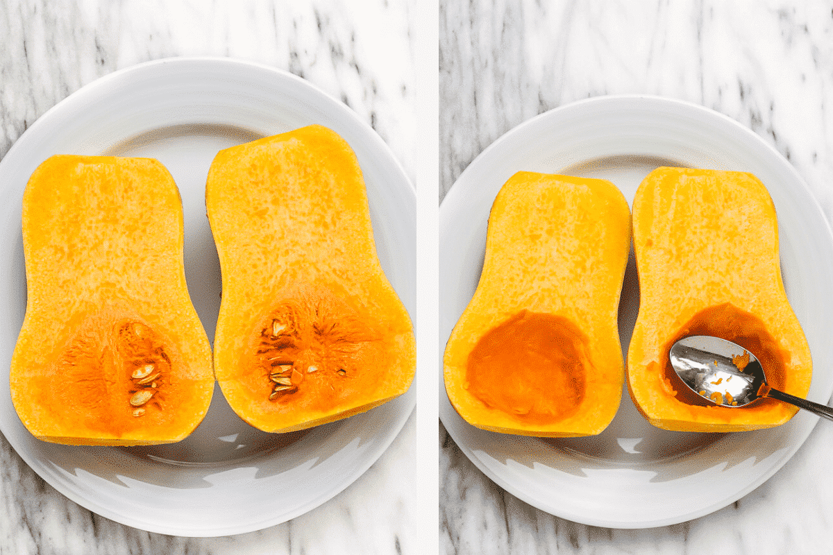 Left: halved butternut squash. Right: scooping seeds out of squash. 