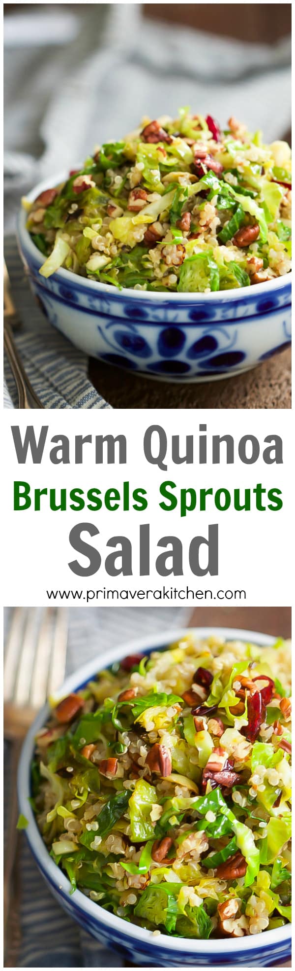 warm-quinoa-brussels-sprouts-salad - This Warm Quinoa Brussels Sprouts Salad is made with sauteé brussels sprouts, dried cranberries, chopped pecans and it's tossed with a delicious orange vinaigrette.