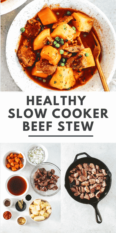 collage of slow cooker beef stew recipe photos and a text that says \"Healthy Slow Cooker Beef Stew\"