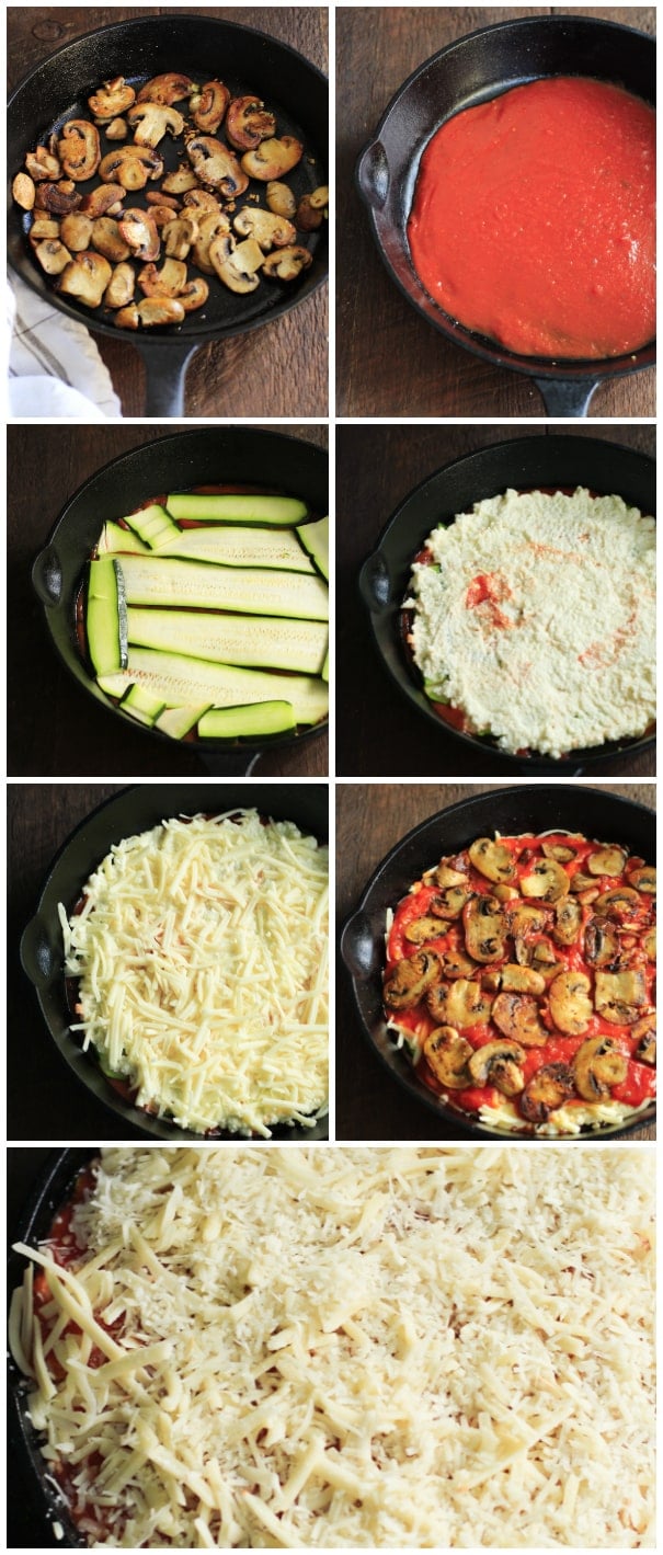 low-carb-zucchini-lasagna-skillet-This cheesy and saucy Low Carb Zucchini Lasagna Skillet is one-pan meal that has a delicious sauté mushroom filling, which brings this gluten-free lasagna to a new level on flavour. It’s also very simple to assemble in a skillet. Low-carb Zucchini Lasagna Skillet Primavera Kitchen Recipe