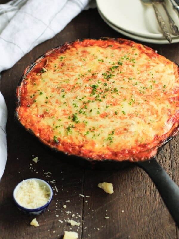 overhead view a a skillet lasagna