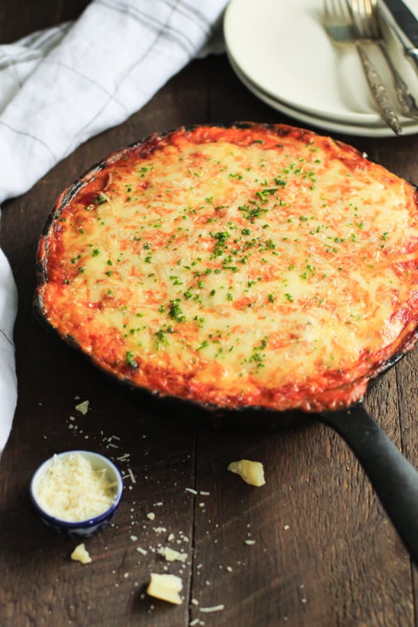 overhead view a a skillet lasagna