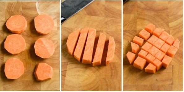 diced sweet potatoes on the wooden board