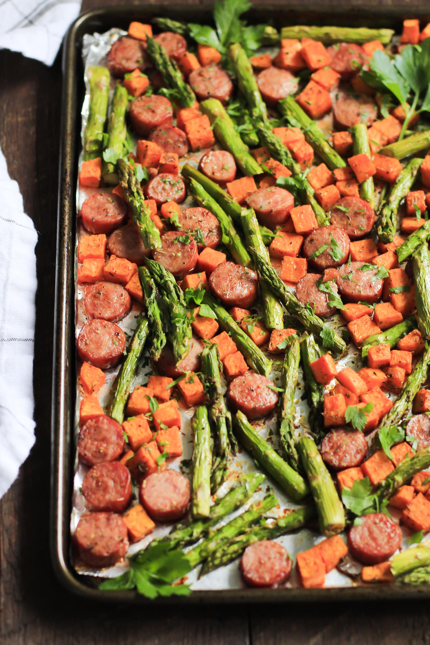 OnePan Sausage with Sweet Potato and Asparagus Primavera Kitchen