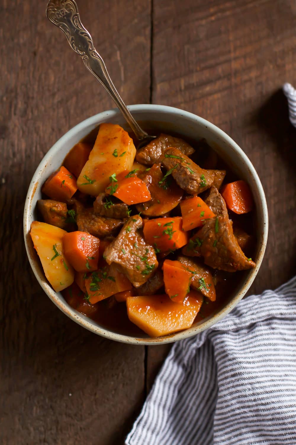 overhead view of a bowl containing beef stew