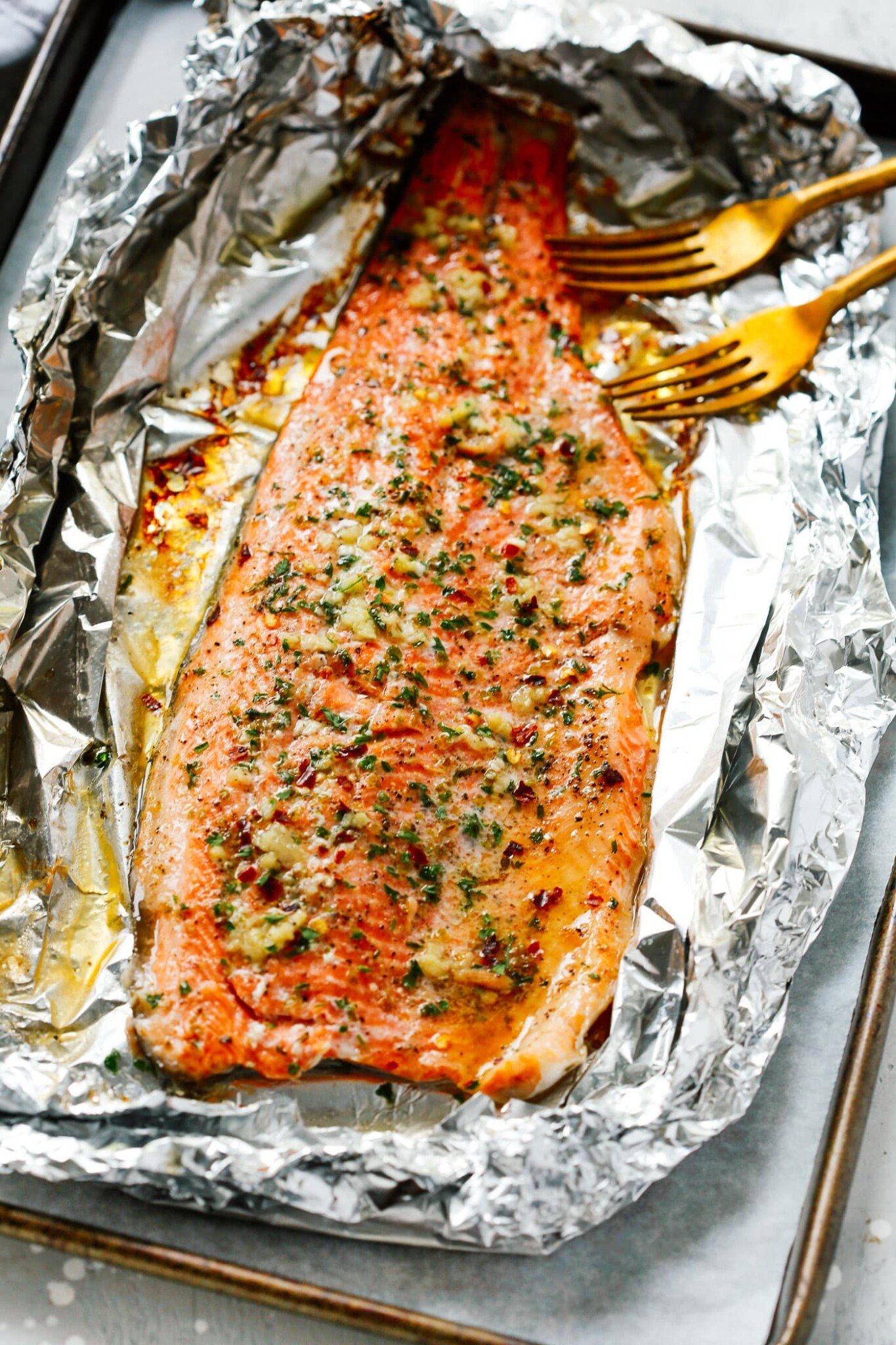 Overhead view of Rainbow Trout Recipe on a baking sheet