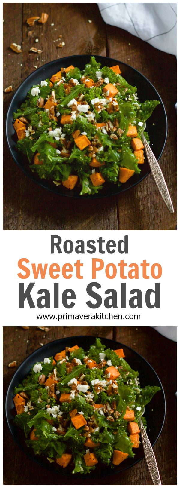 Roasted Sweet Potato Kale Salad - This hearty Roasted Sweet Potato Kale Salad is made with massaged kale, roasted sweet potatoes, pecans and crumbled Feta cheese. 