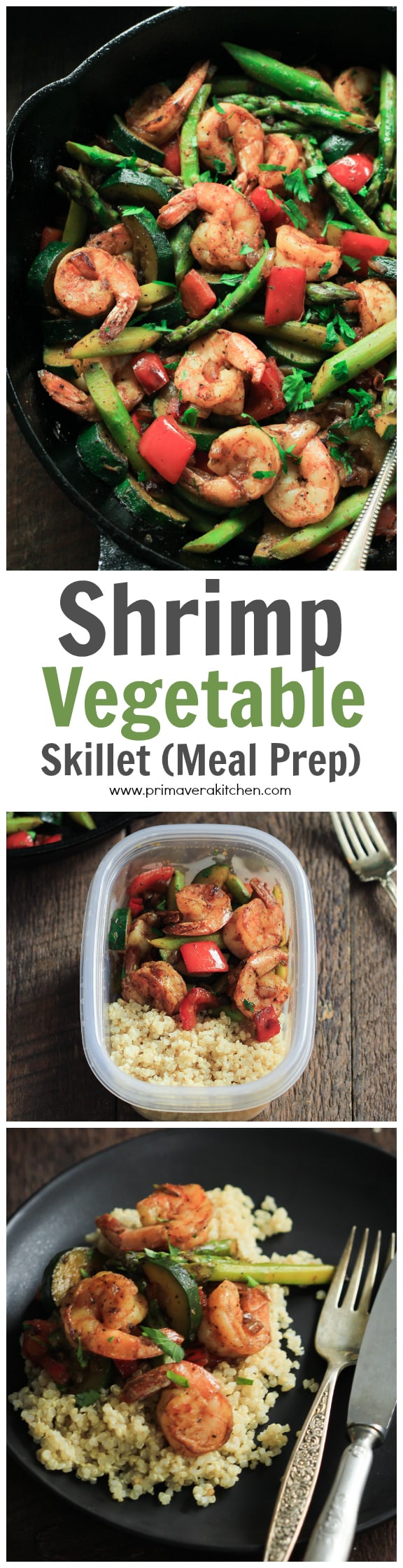 This ultra-easy Shrimp Vegetable Skillet recipe is loaded with veggies, flavorful spices and shrimp. It’s a low-carb, gluten-free and paleo one-pan meal that is ready in less than 30 minutes. | www.primaverakitchen.com