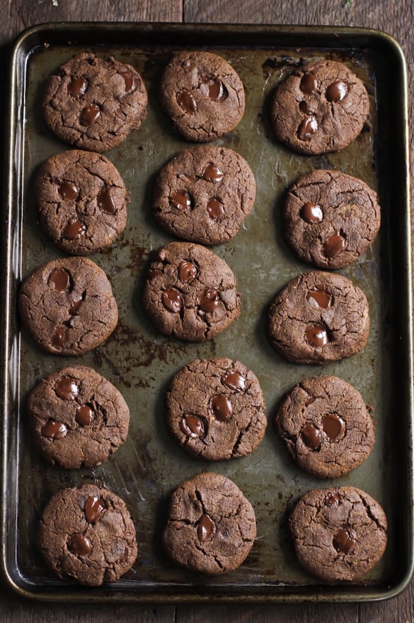 overhead view of Chocolate Almond Butter Cookies on a baking sheet