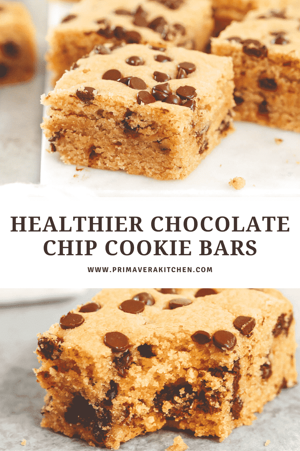 collage of chocolate chip cookies photos with a text that says \"Healthier Chocolate Chip Cookie Bars\"