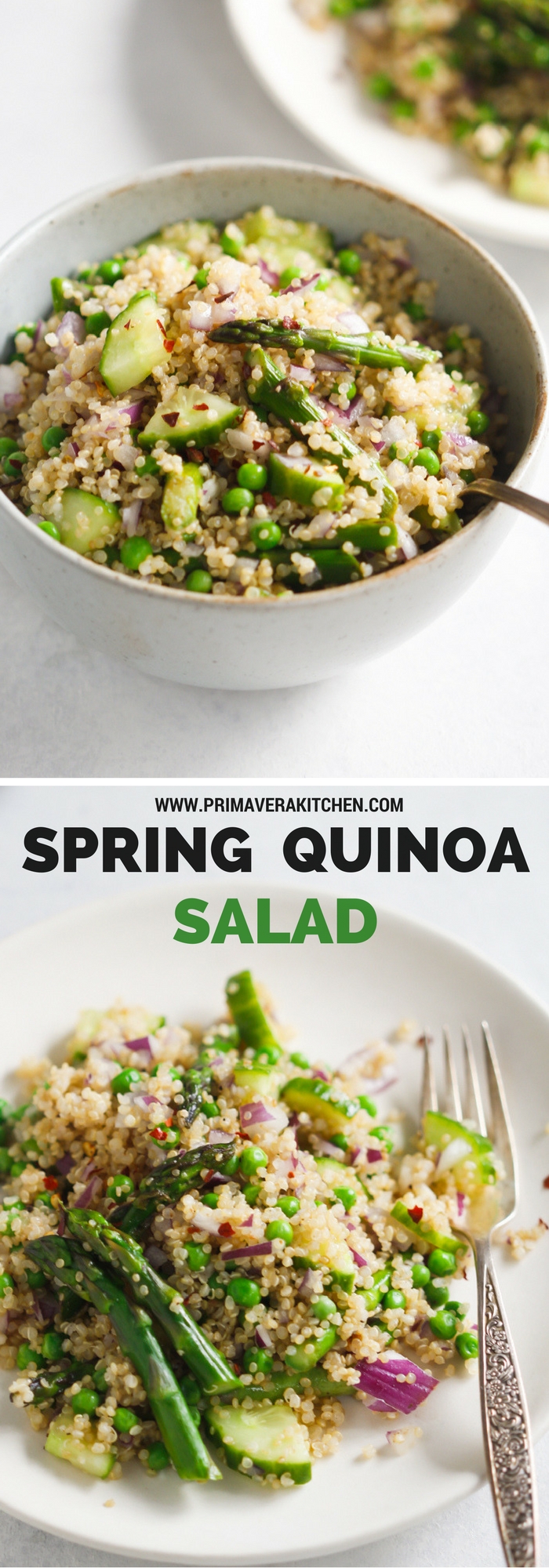 Spring Quinoa Salad - This Spring Quinoa Salad is loaded with asparagus, peas, cucumber, red onions and with an easy and delicious homemade vinaigrette. | www.primaverakitchen.com