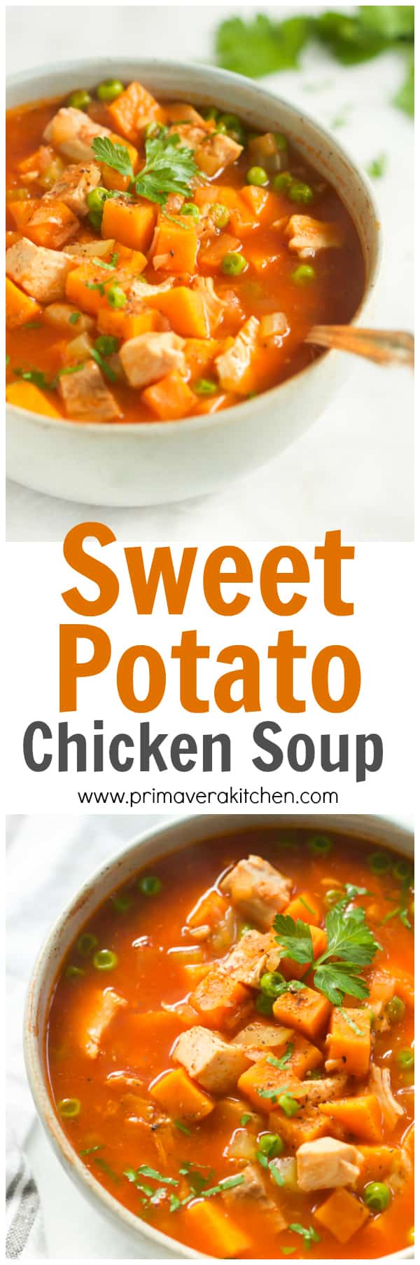 This hearty, healthy and comforting Sweet Potato Chicken Soup is made in less than 30 minutes. It’s low-carb, gluten-free and paleo-friendly too. | www.primaverakitchen.com
