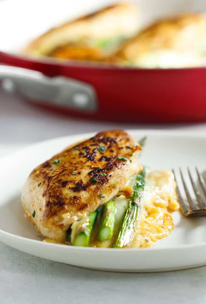 chicken with asparagus on a white plate 