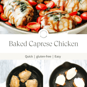 Collage of cookies with a text that says "baked Caprese Chicken"
