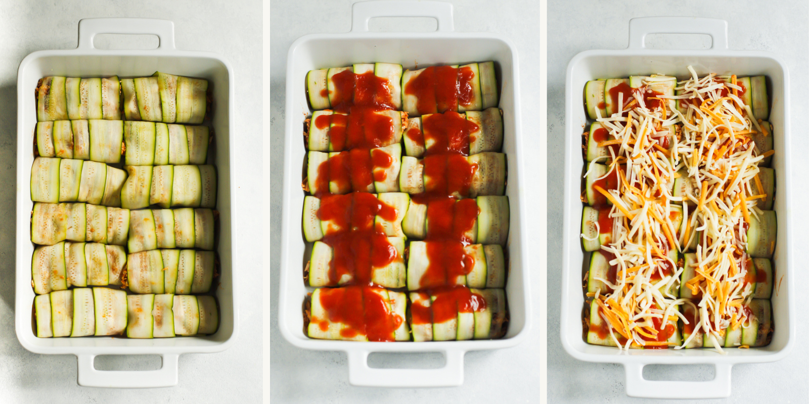 Left: zucchini chicken enchiladas in baking dish. Middle: enchilada sauce added. Right: cheese topping added. 