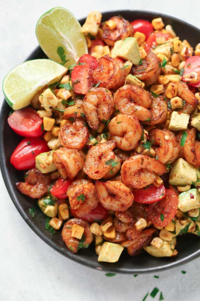 overhead view of corn shrimp salad bowl 