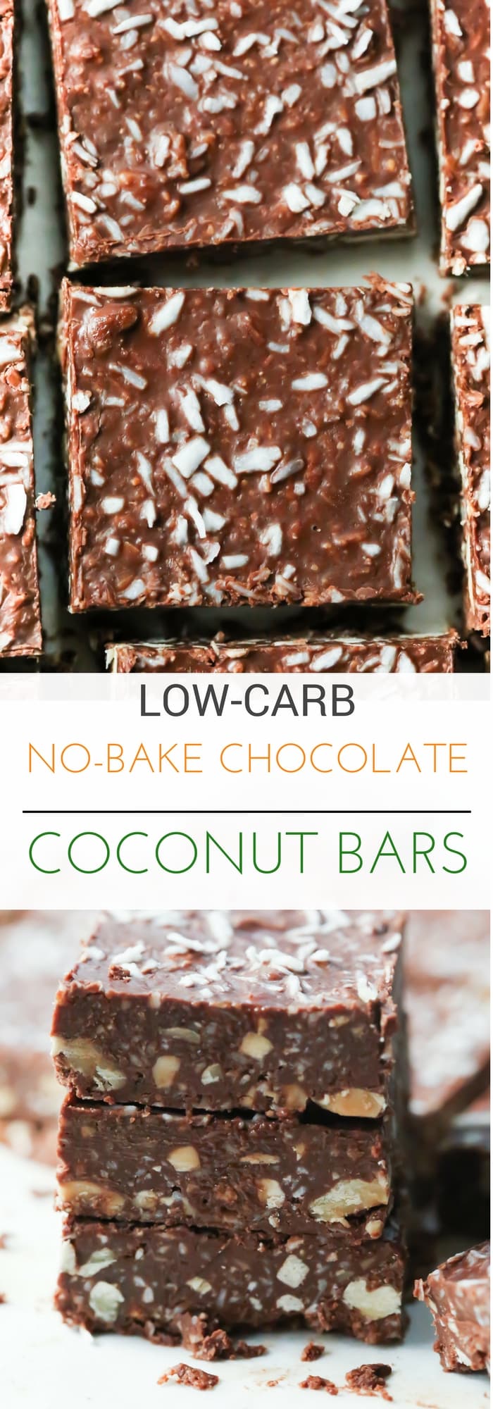 These Low-Carb No-Bake Chocolate Coconut Bars are made with walnuts, cashews, coconut, natural peanut butter and dark chocolate. It’s gluten-free and very delicious and this bar recipe will become your favourite of all the low carb snacks!
