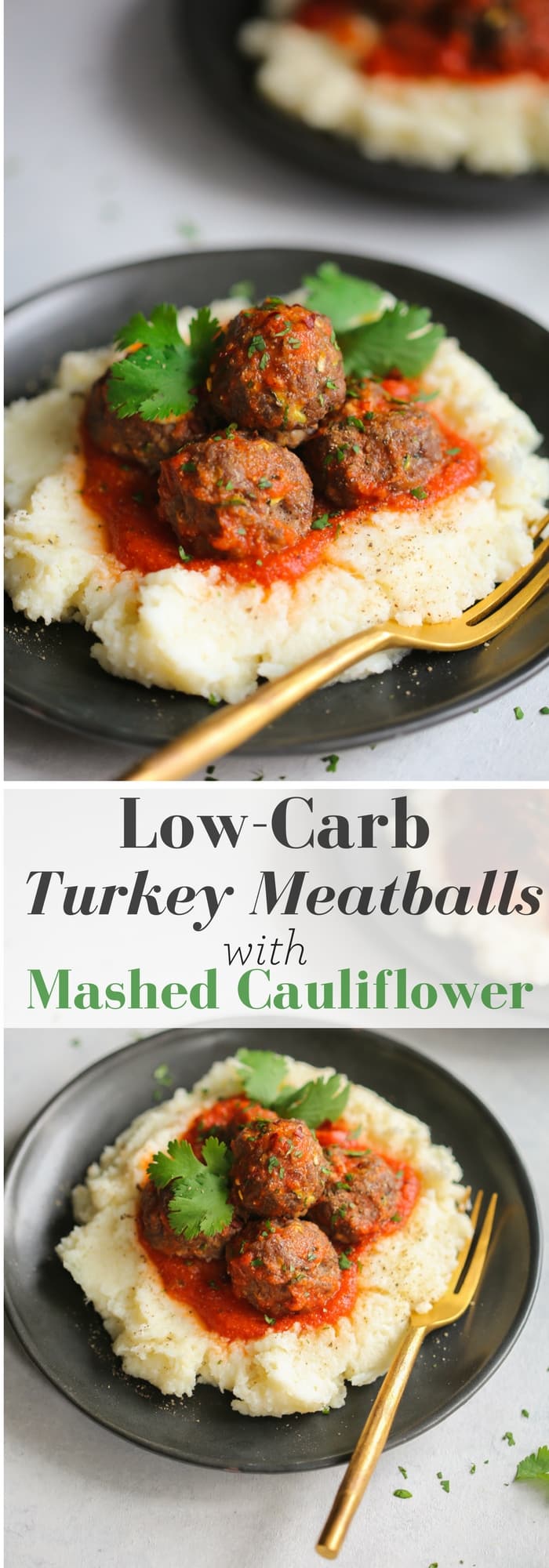 This Low-carb Turkey Meatballs with Mashed Cauliflower is a delicious meal for your low-carb diet. The meatballs are made with parmesan cheese and almond flour and the mashed cauliflower has a perfect smooth texture that you and your family will love.