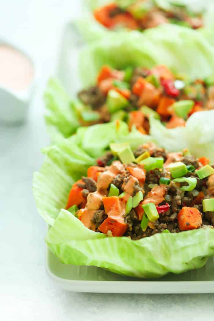 Ground Turkey Sweet Potato Lettuce Wraps - Fresh and flavourful, these Ground Turkey Sweet Potato Lettuce Wraps can easily be prepared in just 20 minutes. It’s a perfect gluten-free and low-carb summer lunch or dinner. 