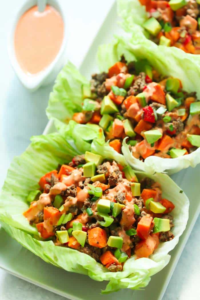 Ground Turkey Sweet Potato Lettuce Wraps - Fresh and flavourful, these Ground Turkey Sweet Potato Lettuce Wraps can easily be prepared in just 20 minutes. It’s a perfect gluten-free and low-carb summer lunch or dinner. 