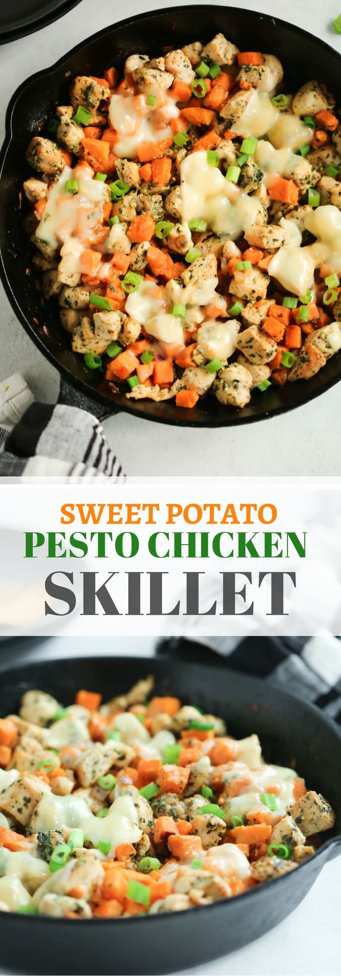 Sweet Potato Chicken Pesto Skillet - Sweet Potato Pesto Chicken Skillet is the easiest recipe you can prepare for dinner and it's low-carb, gluten-free and one-pan, which is great to clean up! 
